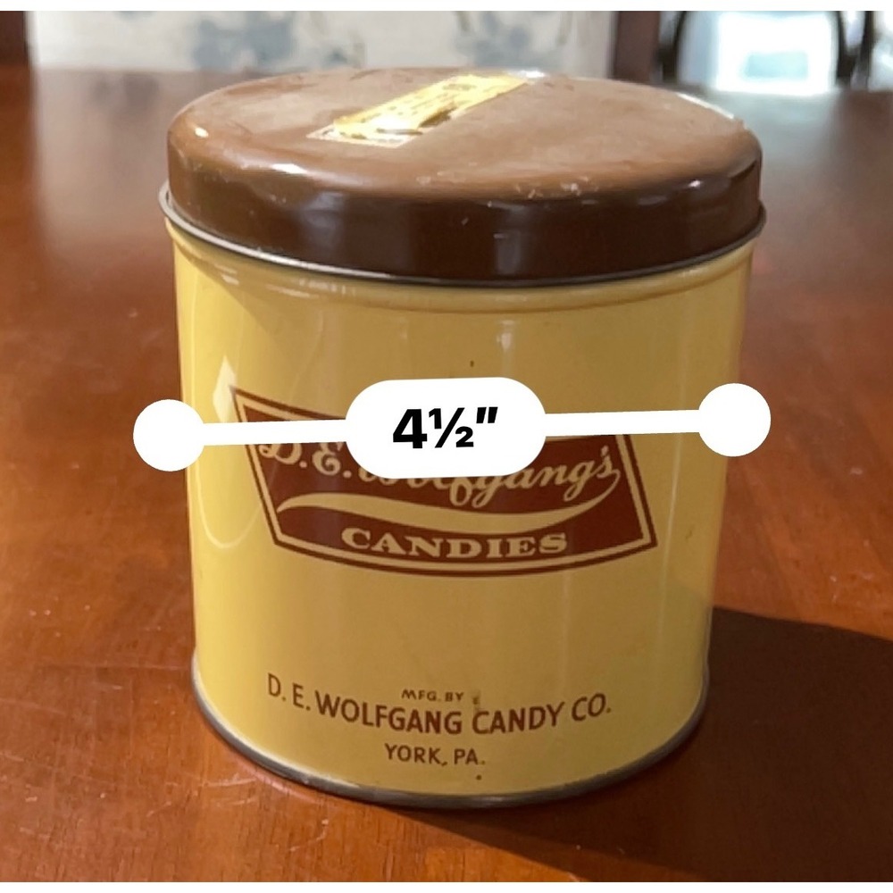 York PA Wolfgang Candies Tin Yellow Vintage Advertising Confections Kitchenalia - Picture 5 of 6